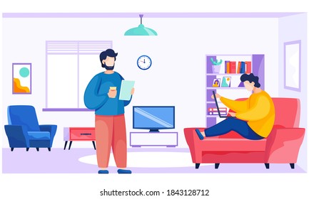 Group of people, colleagues, office workers in the office. People indoors with computers talking, communicating in room. People in casual clothes sitting on armchair with a laptop, drinking coffee