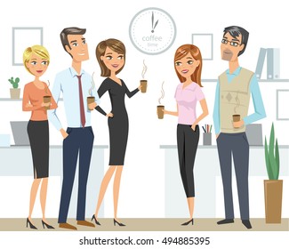 Grupo de personas, colegas, oficinistas, amigos, tomando café 
en la oficina. Concepto de trabajo en equipo.