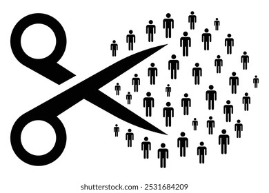 Group of people and collective are being reduced and cut apart by scissors. Downsizing and suspension of redundant individuals. Layoff, dismissal, redundancy concept. Vector illustration.