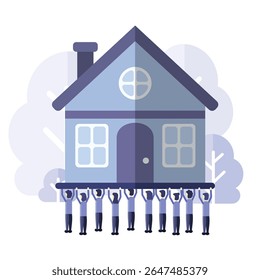 um grupo de pessoas coletivamente sustentando e levantando uma casa. pessoas que estão levantando uma casa. posse da casa. um grupo de pessoas que estão mudando de casa juntas. carregando uma casa