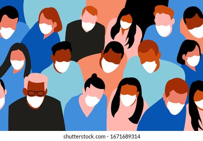 Group of people colorful composition  in white medical face mask.Concept of covid-19 vector illustration. 