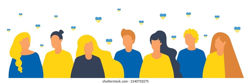 group of people in the colors of the Ukrainian flag. horizontal web banner for social networks.  Ukrainian people. Cartoon characters. Pray for Ukraine. I love Ukraine concept. Stand with Ukraine. 