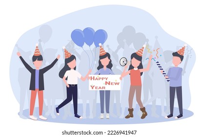 A group of people come together to celebrate the New Year. Holding a happy new year sign, firework, balloon. Celebrate the new year with fun. Vector illustration eps10.
