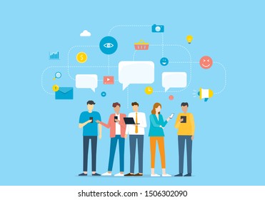 Group people Communicate by mobile application and contact to business by social network concept