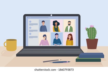 A group of people communicate with each other online. Business discussion. Video conference of friends on a laptop. Workplace for a virtual meeting. Social distance during quarantine. Vector flat 