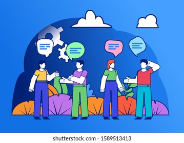 Group of people communicate, talk, brainstorm. Share ideas or thoughts concept. Poster for social media, web page, banner, presentation. Flat design vector illustration