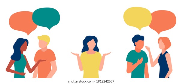 Group of people communicates, ignoring introverted woman, outcast. Loneliness, ignorance, discrimination, indifference to teammate. Isolation, rejection of people in society. Vector illustration