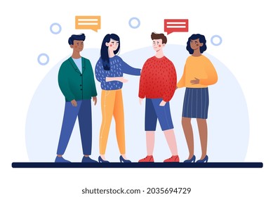 Group of people communicates. Interethnic interaction. Conversation between friends. Fun communication. Graphic elements for site. Cartoon flat vector illustration isolated on white background