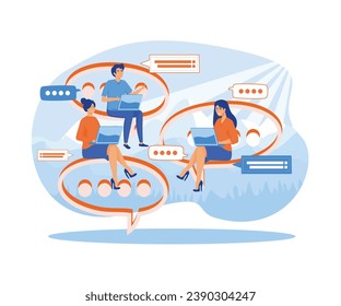 A group of people communicates through the Internet social networks, the concept of communication, discussing business, news.  flat vector modern illustration 