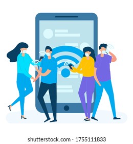 Group of people communicating with smartphone on internet wifi signal and wearing medical mask to against covid-19. Concept of social media and corona virus illustration in flat style.
