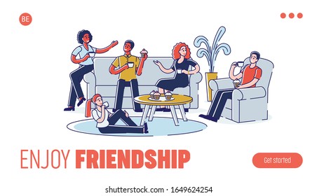 Group Of People is Communicating and Spending Time Together At Home With Hot Drinks And Eating Cupcakes. Website Landing Page. Cartoon Outline Linear Flat Vector illustration.