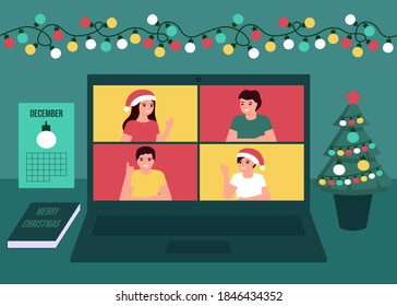 Group people communication online together on Christmas holiday. Decoration fir, lightbulbs desktop and greeting Christmas and New Year. Video call on laptop, virtual meeting friends. Vector flat