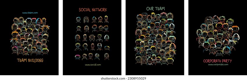 Group of people, community. Social network. Holy holiday, colorful faces. Set for your design project - cards, banners, poster, web, print, social media, promotional materials. Vector illustration
