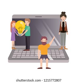group of people with computer desktop and light bulb