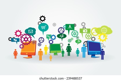 Group of people with computers, speech bubbles and gear wheels