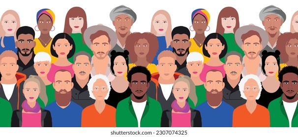 grupo de personas concepto de diversidad inclusión multicultural diverso género hombres mujeres y niños multiétnico. banner de patrón de fondo de ilustración vectorial