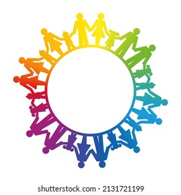 Group Of People, Connected By Holding Hands, Forming A Rainbow Colored Circle. Symbol Of Solidarity Of People, Expressing Friendship, Family, Relationships And A Peaceful Society. Illustration. Vector