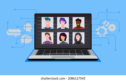 Group people connecting , learning or meeting online video conference remote working on laptop computer, work home , talking by internet, web chatting. quarantine concept, flat vector illustration