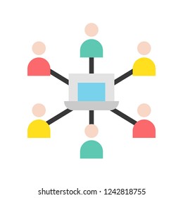 group of people connection and laptop, network communication and webinar concept flat icon
