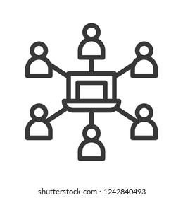 group of people connection and laptop, network communication and webinar concept.editable line