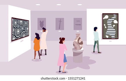 group of people in contemporary art gallery, exhibition visitors viewing modern abstract paintings vector illustration design