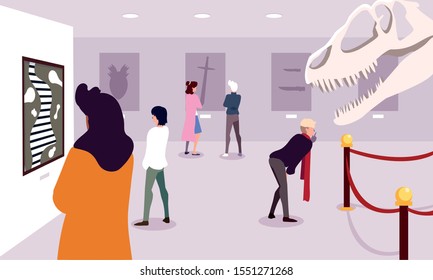 group of people in contemporary art gallery, exhibition visitors viewing modern abstract paintings vector illustration design
