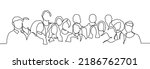 Group of people continuous one line vector drawing. Family, friends hand drawn characters. Crowd standing at concert, meeting. Women and men waiting in queue. Minimalistic contour illustration. 