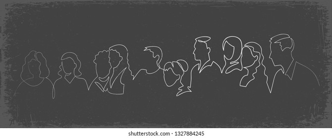 Group Of People Continuous One Line Vector Drawing. Family, Friends Hand Drawn Characters Silhouette Clipart. Crowd Standing At Concert, Meeting. Women And Men Waiting In Queue. Chalk Doodle