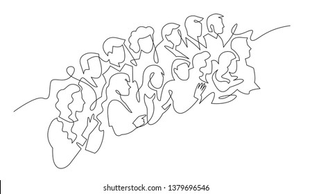 Group of people continuous one line vector drawing. Family, friends hand drawn characters. Crowd standing at concert, meeting. Women and men waiting in queue. Minimalistic contour illustration