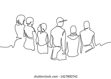 Group of people continuous one line vector drawing. Family, friends hand drawn characters. Crowd standing at concert, meeting. Women and men waiting in queue. Minimalistic contour illustration