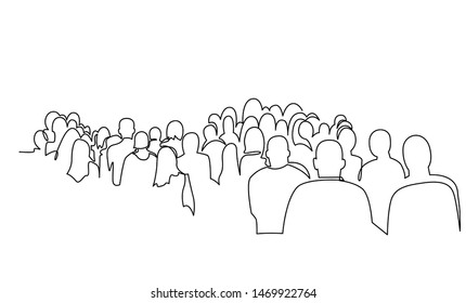 Group Of People Continuous One Line Vector Drawing. Audience Silhouette Hand Drawn Characters. Crowd Standing At Concert, Meeting. Women And Men Waiting In Queue. Minimalistic Contour Illustration