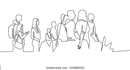 Group Of People Continuous One Line Vector Drawing. Crowd Standing At Concert, Meeting. Women And Men Waiting In Queue. Character Of Audience In The Conference Hall. Outline Hand Drawn Illustration