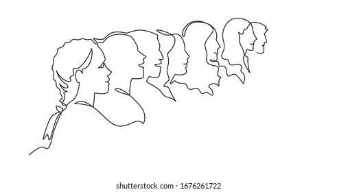 Group of people continuous one line vector drawing. Crowd standing at concert, meeting. Women and men waiting in queue. Character of audience in the conference hall. Outline hand drawn illustration