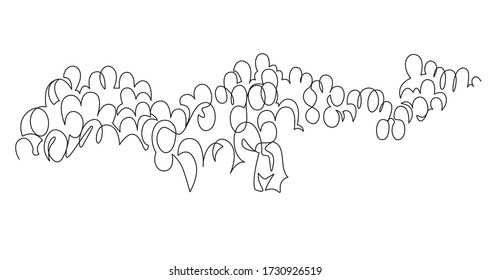 Group Of People Continuous One Line Vector Drawing. Audience Silhouette Hand Drawn Characters. Crowd Standing At Concert, Meeting. Women And Men Waiting In Queue. Minimalistic Contour Illustration