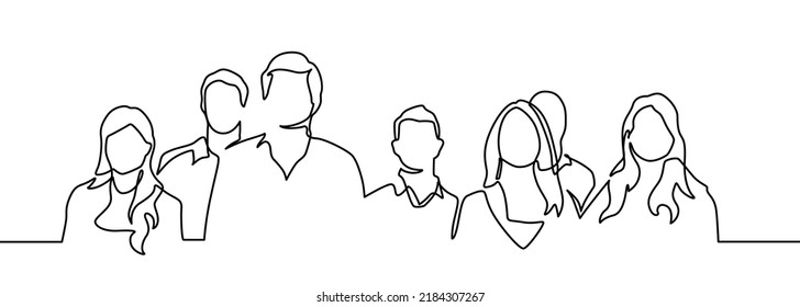 Group of people continuous one line vector drawing. Family, friends hand drawn characters. Crowd standing at concert, meeting. Women and men waiting in queue. Minimalistic contour illustration. 