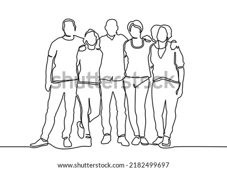 Group of people continuous one line vector drawing. Family, friends hand drawn characters. Continuous line drawing of diverse group of standing people. 