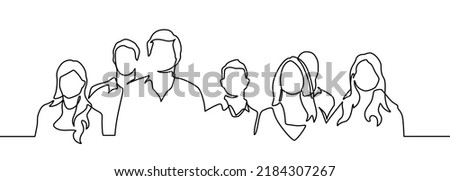 Group of people continuous one line vector drawing. Family, friends hand drawn characters. Crowd standing at concert, meeting. Women and men waiting in queue. Minimalistic contour illustration. 