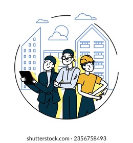 Group of people controlling process of build house. Designer holding tablet, architect standing near. Builder with instrument ready to work. Flat vector illustration in cartoon style