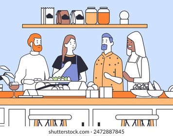 Group of people cooking together in a kitchen surrounded by ingredients utensils and pantry items on shelves