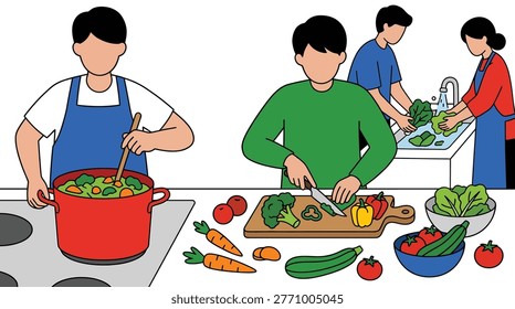 Group of people cooking together and preparing vegetables on a kitchen counter