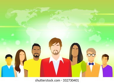 Group of People with Copy Space Casual Young Man and Woman Students Portrait Flat Design Vector over Blur Green Abstract Background