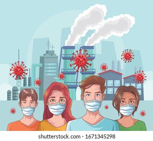 group of people with corona virus scene vector illustration design