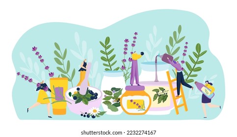 Group of people cosmetology skin care and healthcare, tiny character together preparation beauty cream flat vector illustration, isolated on white.
