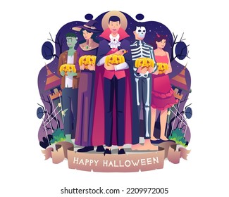 Group of people in costumes of vampire, witch, skeleton, and zombie celebrating Halloween. People are carrying Halloween pumpkins. Vector illustration in flat style