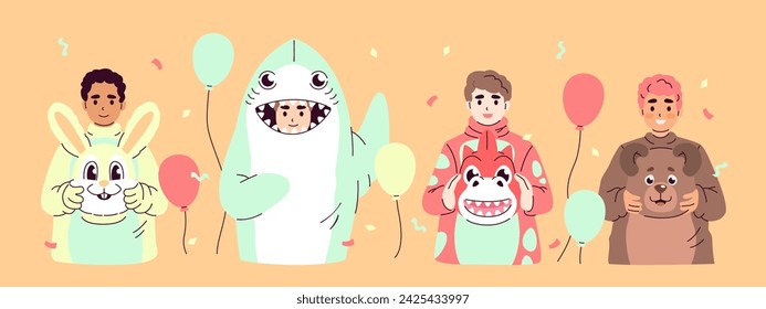 Group of people in costumes of various animals on a holiday.