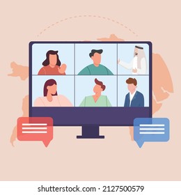 Group of people from countries talking via videoconference. Online meeting via video conference. Vector illustration in flat style.