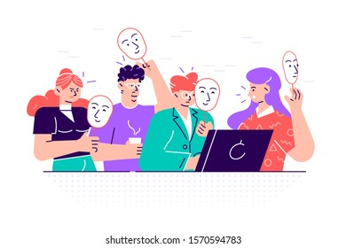 Group of people covering their faces with masks expressing positive emotions. Concept of hiding personality or individuality, psychological problem. Flat style cartoon colorful vector illustration.