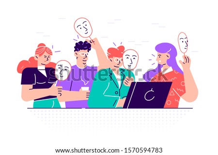 Group of people covering their faces with masks expressing positive emotions. Concept of hiding personality or individuality, psychological problem. Flat style cartoon colorful vector illustration.
