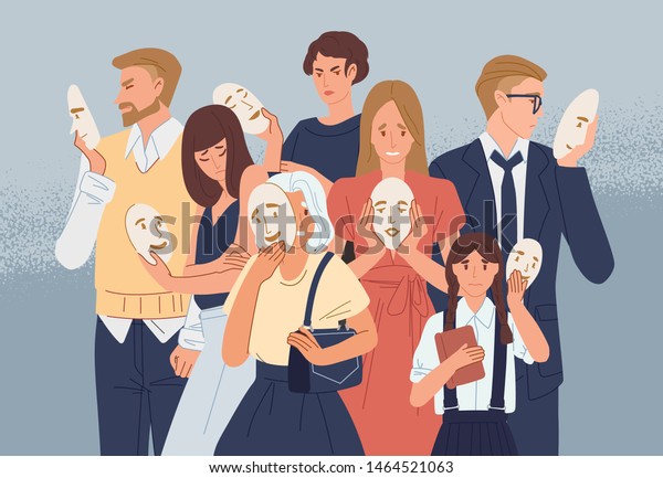 Group of people covering their faces with\
masks expressing positive emotions. Concept of hiding personality\
or individuality, psychological problem. Flat cartoon colorful\
vector illustration.
