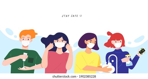 Grupo de personas con acción preventiva COVID-19. Campaña de higiene; usando un desinfectante para la mano, usando mascarilla, limpiando las manos con jabón, desinfectando las superficies tocadas. Ilustración vectorial plana para banner o signo